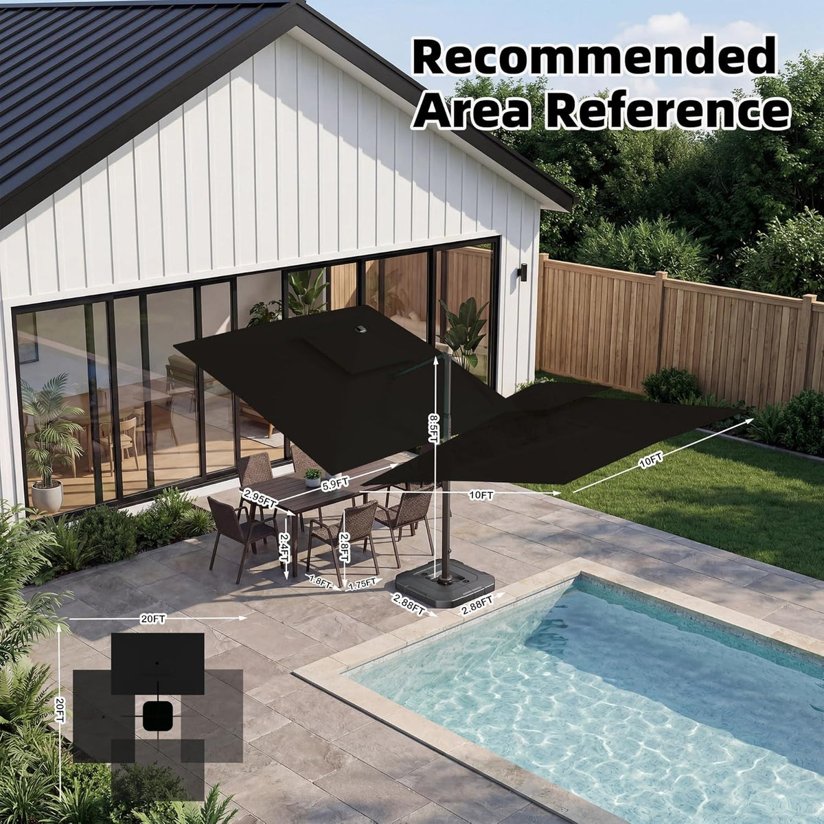 10x10 FT Cantilever Patio Umbrella Double Top Outdoor Square Large Heavy Duty Aluminum Offset Umbrellas with 7 Level Tilt 360-degree Rotation for Pool Garden Deck, Black