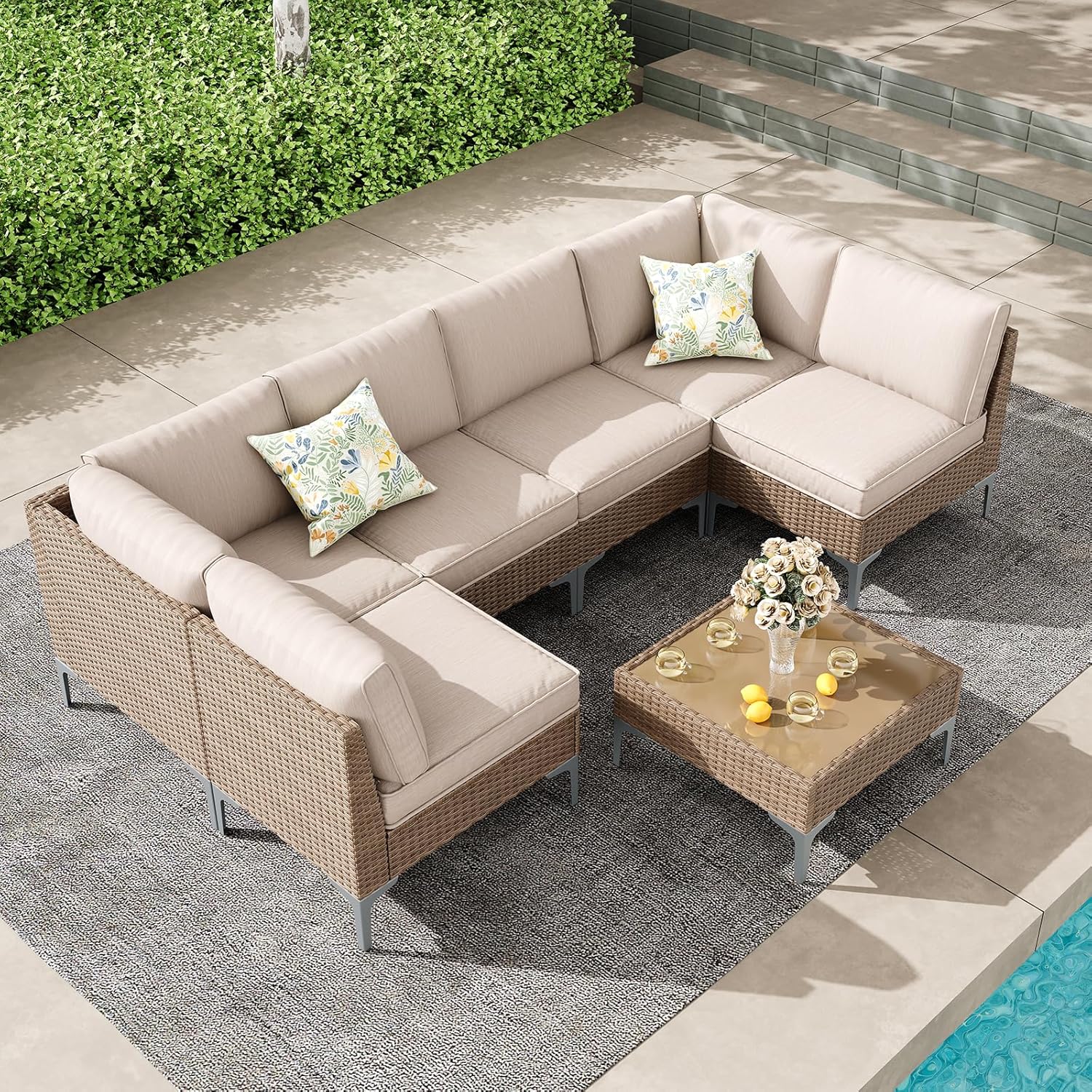 7 Piece Patio Furniture Set, Wicker Modular Outdoor Furniture with Thicker Cushions, Outdoor Couch Sofa for Garden, Poolside, Backyard, Beige