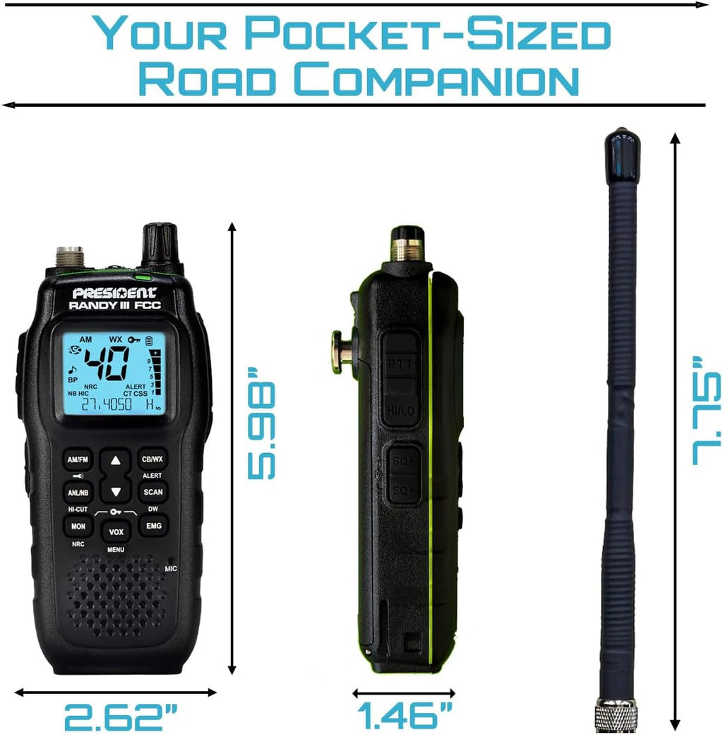 President Randy III FCC AM/FM Handheld CB Radio w/P Channels, NRC, Desktop Dock & Mobile Charge Module, 7Color Display, ASC, VOX, CTCSS/DCS, Weather Channel, Scan Skip, Flashlight, Key Lock (TXUS722)