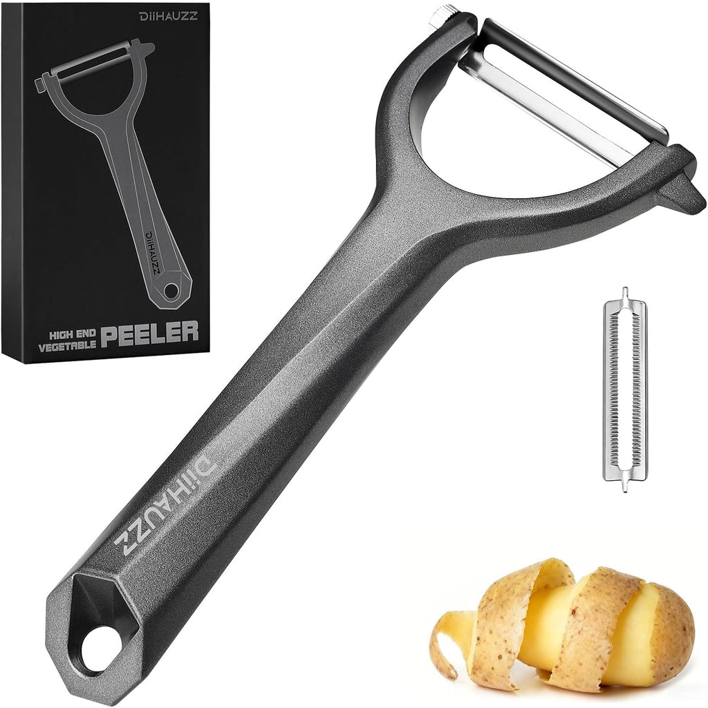 Aluminum Alloy Y Peeler for Kitchen, Heavy Duty Vegetable & Fruit Peeler with 2 replaceable Blades (Straight & Serrated), Ultra Sharp 420J2 Stainless Steel, Ergonomic Matte Grip, Gift Boxed