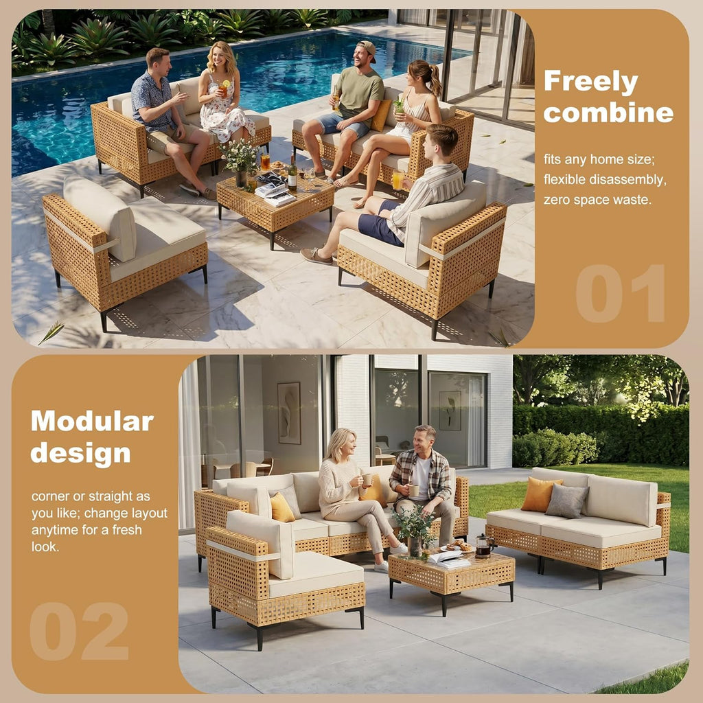 ABCASA Patio Furniture Set, 110" Large 7-Piece Wicker Outdoor Patio Furniture Sets with Anti-Slip Cushions & Coffee Table,Boho Patio Conversation Set Sectional Sofa for Backyard,Porch,Beige