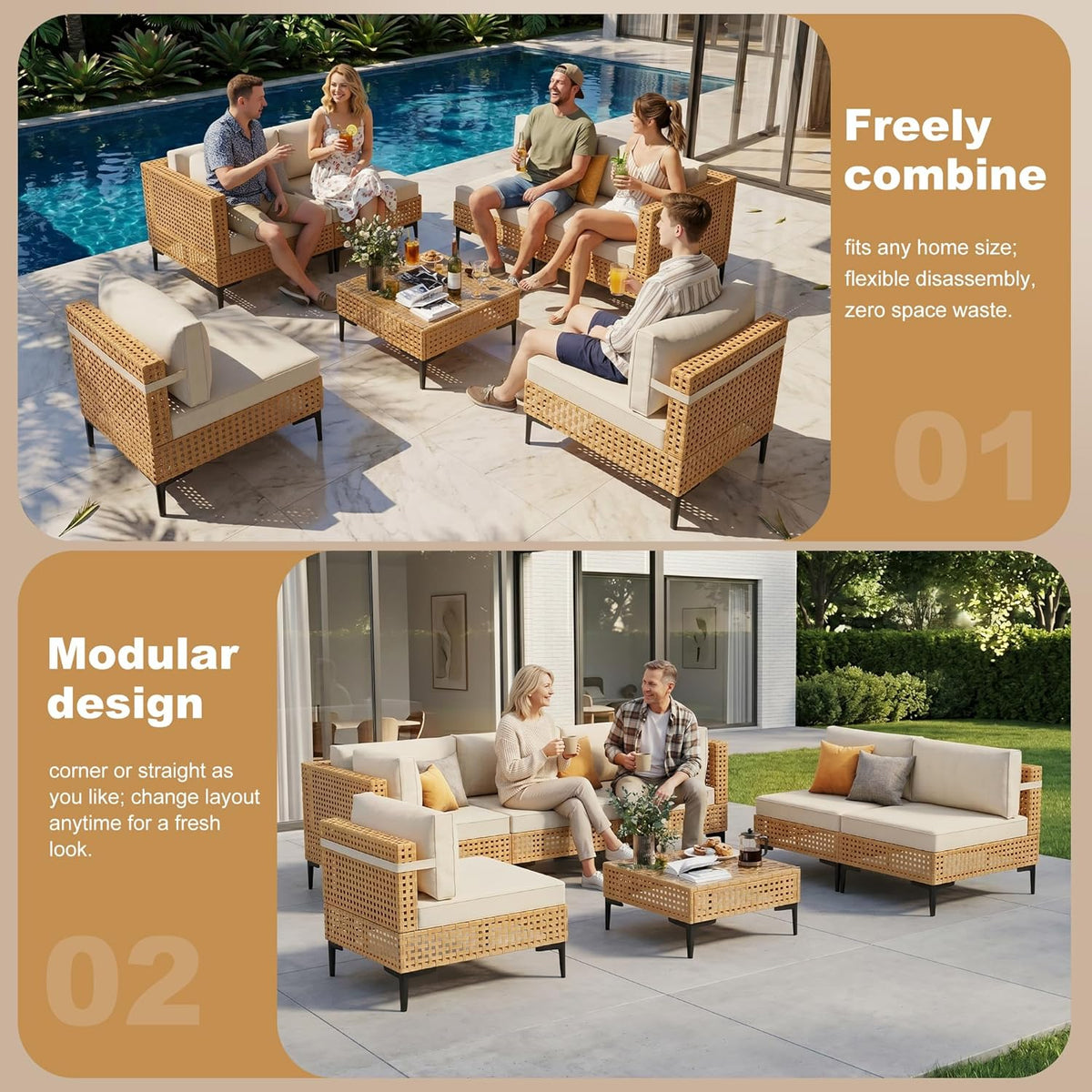 ABCASA Patio Furniture Set, 110" Large 7-Piece Wicker Outdoor Patio Furniture Sets with Anti-Slip Cushions & Coffee Table,Boho Patio Conversation Set Sectional Sofa for Backyard,Porch,Beige