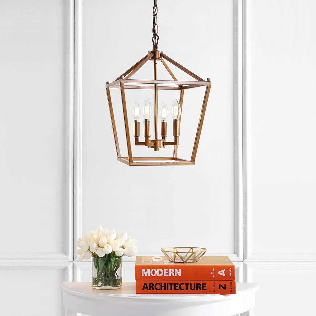JONATHAN Y 12" Antique Gold Lantern Pendant Light, 4-Light Pagoda Style Metal Cage Farmhouse Hanging Ceiling Fixture for Kitchen Island, LED Bulb Included (JYL7436B)