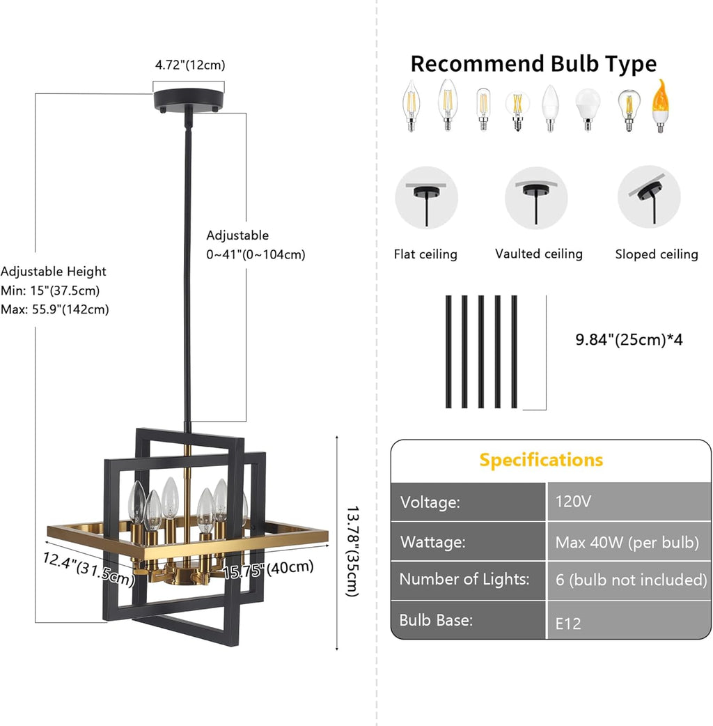 Small Black and Gold Chandelier- 6 Lights Geometric Pendant Light Fixture, Modern Industrial Chandeliers Hanging Lights for Entryway Dining Room Living Room Kitchen Island Hallway Foyer
