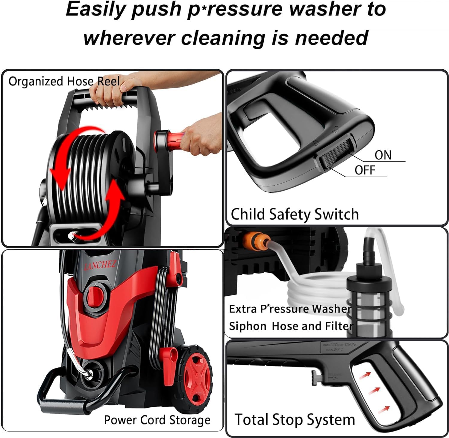 4800 MAX PSI P*ressure P*ower W*Asher, 4 N*ozzles and F*OAM C*annon P*ower Cleaner (Red)