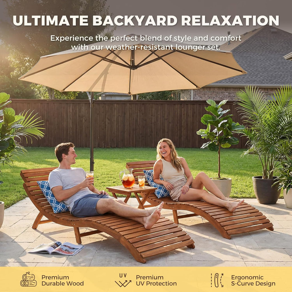 Flamaker Lounge Chairs for Outside Folding Acacia Wood Chaise Lounge with Side Handle Sun Lounger for Poolside, Lawn, Backyard (2 Piece)