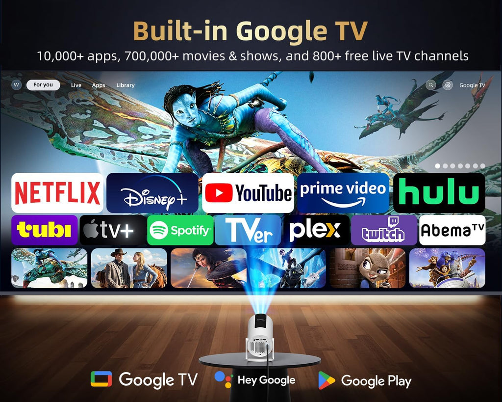 320ANSI/Google Store/Voice Control Smart Projector with WiFi and Bluetooth, 10,000+ Apps, Pericat 4K UHD Home Theater Portable Mini Movie Projector, Indoor & Outdoor Use 180° & Netflix-Compatible