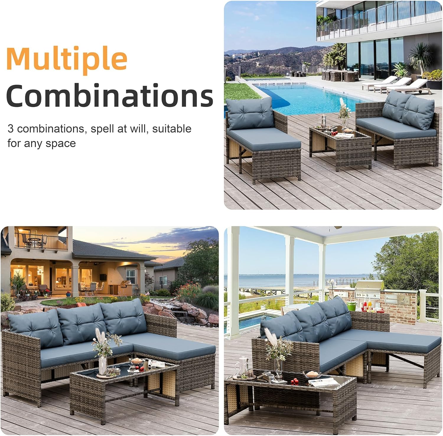Shintenchi 3 Pieces Outdoor Patio Furniture Sets, Wicker Patio Conversation Sets, All Weather Wicker Rattan Patio Seating Sofas with Glass Coffee Table and Cushion, Blue-Gray