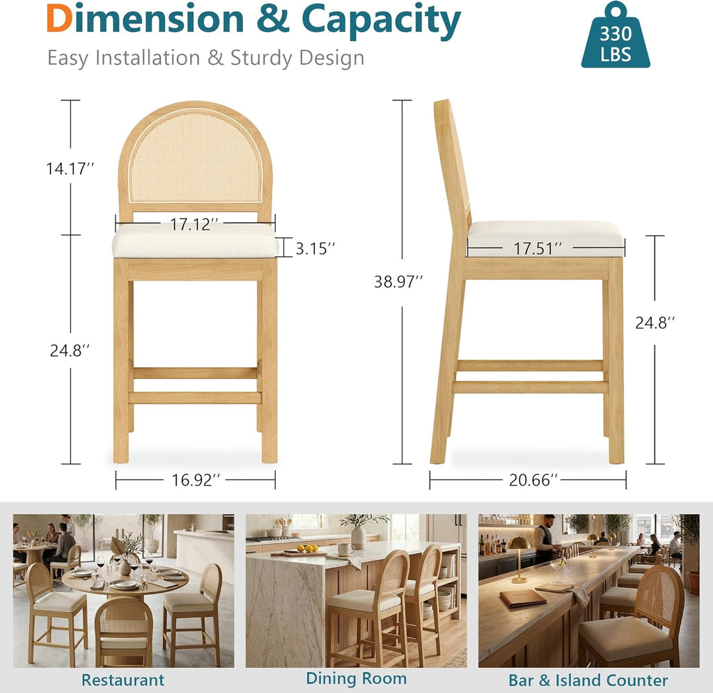 STHOUYN Upholstered Rattan Bar Stools Set of 4, Wooden Counter Height Stools with Natural Rattan Woven Back and Chenille Seat, Mid-Century Modern Island Chairs Barstools for Kitchen (4, Cream White)