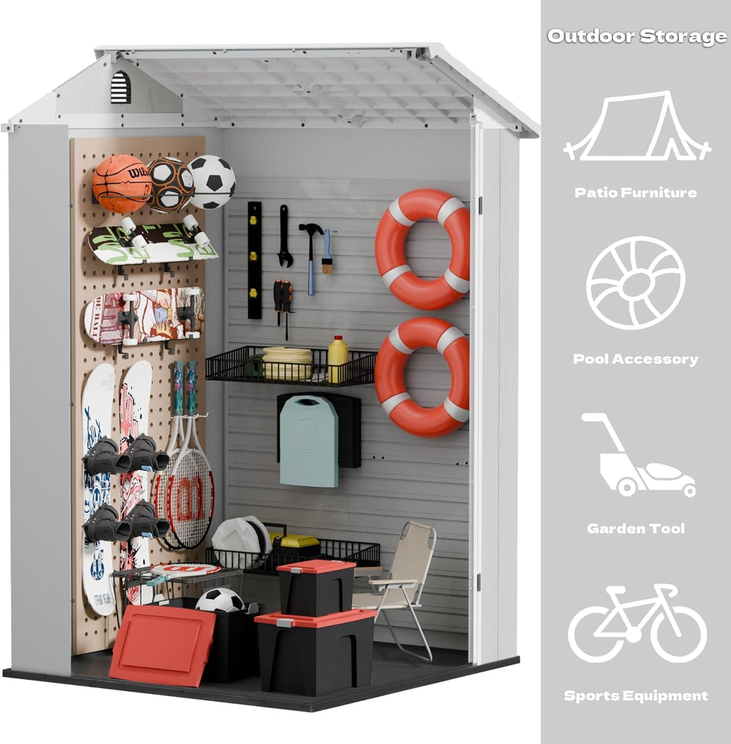 Devoko 4×4 FT Resin Storage Shed with Floor, Plastic Outdoor Garden Shed with Windows and Lockable Doors, Waterproof Outside Tool Sheds for Patio Backyard Lawn, Light Gray