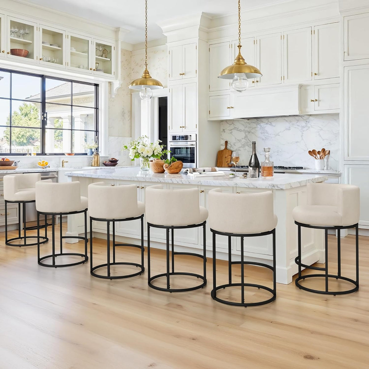 LUE BONA 26.8" Counter Height Bar Stools Set of 3, 180° Swivel Bar Stools, Modern Barrel Counter Stools with Back and Metal Frame, Fabric Upholstered Barstools for Kitchen Island, Linen Color