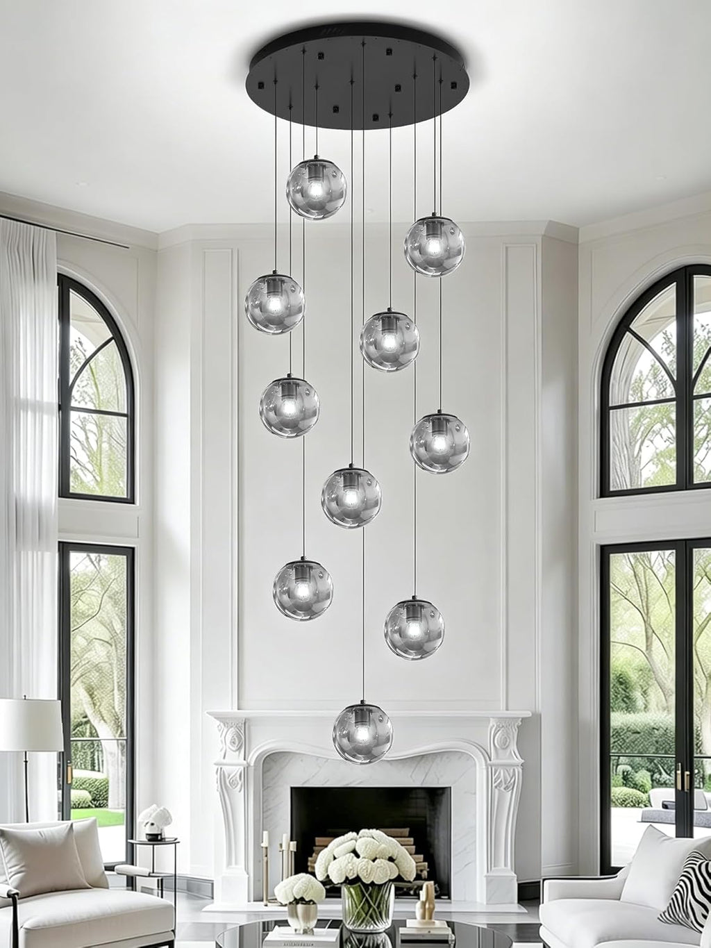 ykolupty H138 Modern Smoke Glass Globe Chandelier Large Chandeliers for High Ceiling 10-Lights Entryway Modern Lighting Fixture Glass Globe Pendant Light for Living Room Foyer Hallway