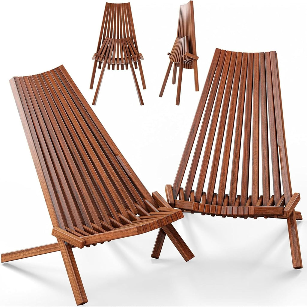 Melino 2-Pack Wooden Folding Tamarack Chair, Low Profile Outdoor Lounge Seat, Chestnut - Foldable Acacia Seating for Patio and Lawn, Portable Beach or Camping Wood Furniture