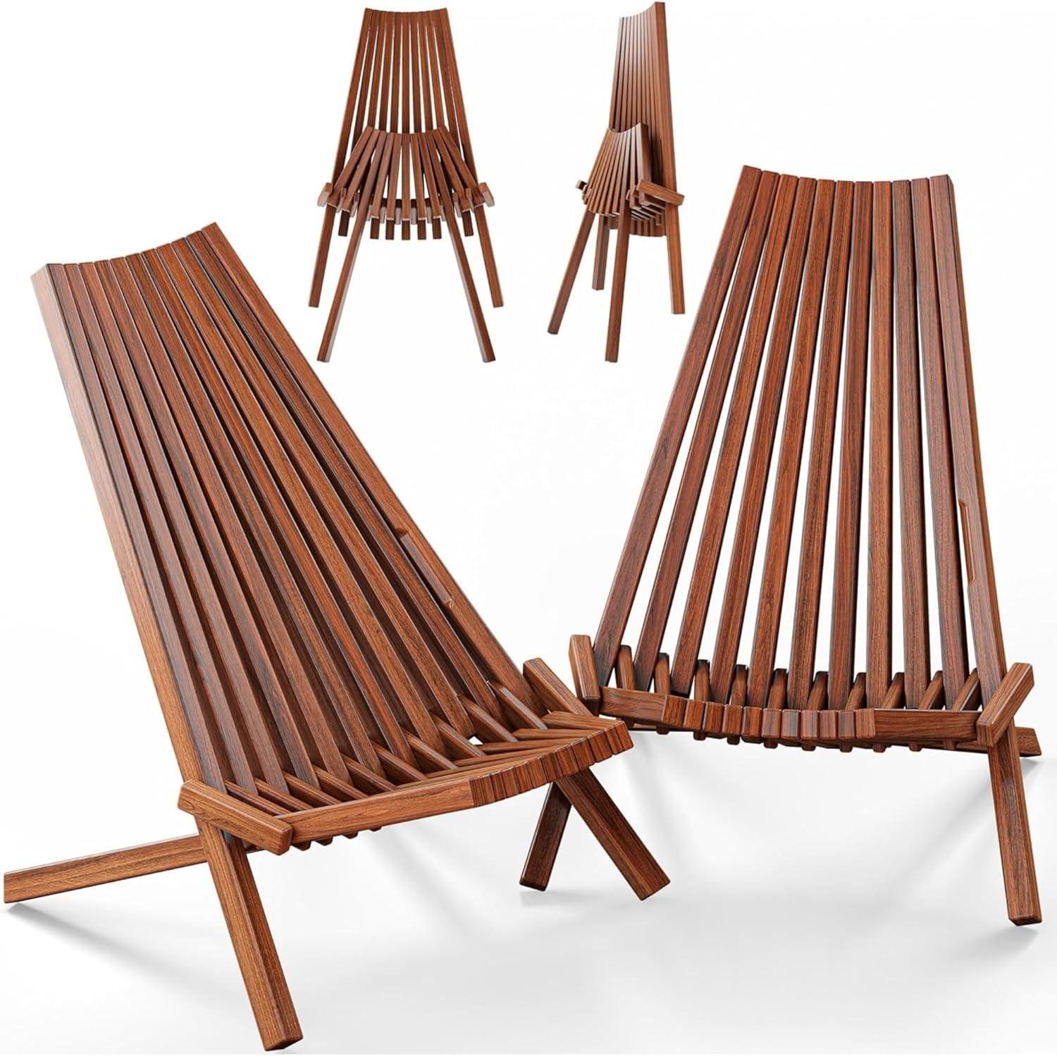 Melino 2-Pack Wooden Folding Tamarack Chair, Low Profile Outdoor Lounge Seat, Chestnut - Foldable Acacia Seating for Patio and Lawn, Portable Beach or Camping Wood Furniture