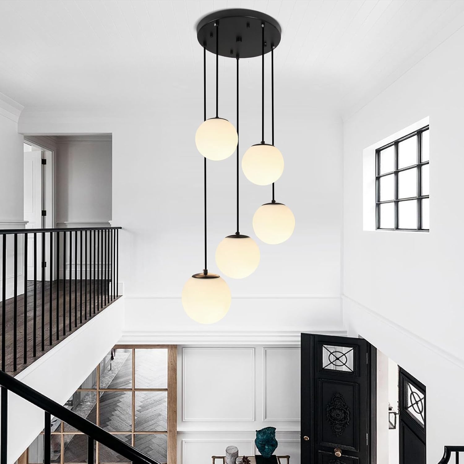 Globe Cluster Chandelier 5-Light, Black Modern Cluster Chandelier with Milk White Glass, Adjustable Globe Staircase Pendant Light for Kitchen Island Dining Room