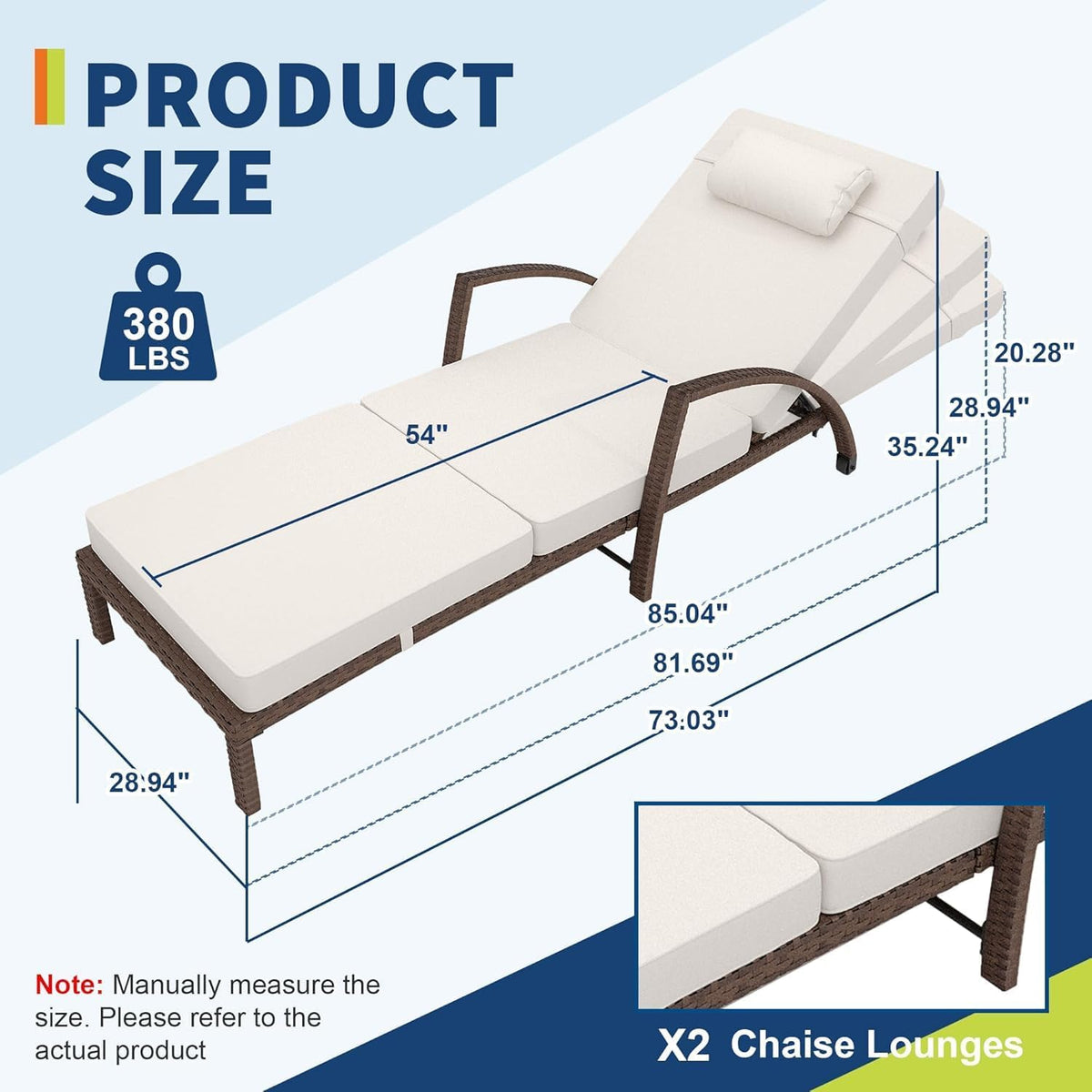 Garvee Outdoor Chaise Lounge Chairs Set of 2, PE Rattan Wicker Patio Lounge Chairs with 5-Position Adjustable Backrest, 3.5" Cushions & Wheels, 380 lbs Capacity Heavy Duty Pool Lounge Chair, Beige