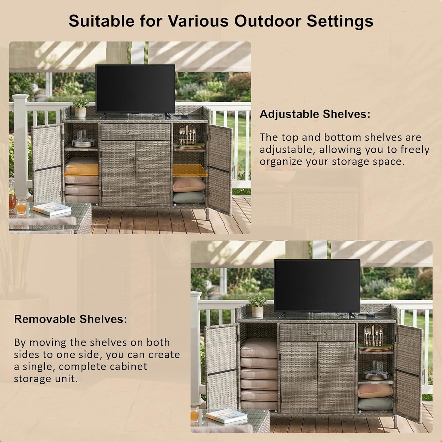 Merax 53.2" Patio Wicker Storage Cabinet, Outdoor Waterproof Patio Bar Table with Drawer and Shelves, Wicker Buffet Cabinet Sideboard for Poolside and Backyard, Black+Brown