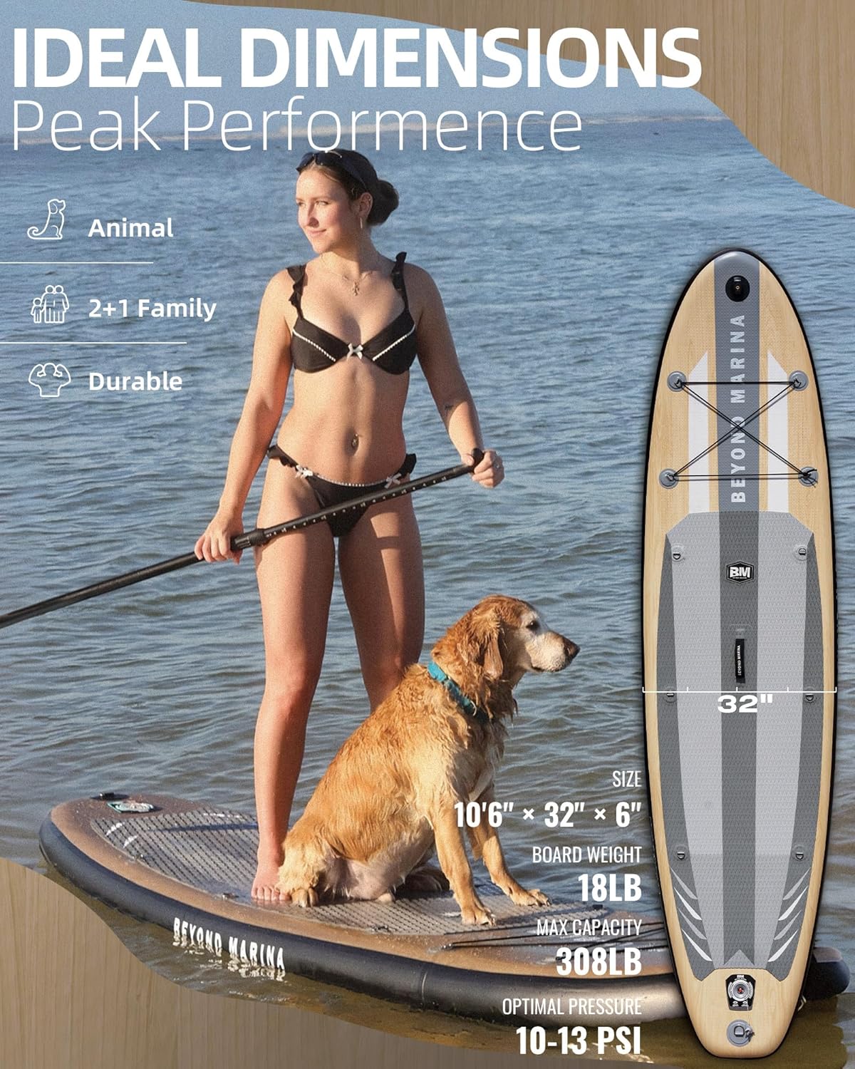 BM Paddle Board Inflatable Stand Up Paddle Board, SUP Paddleboard for Adult, Premium Accessories | Non-Slip EVA Deck & Foam Handles, Camera Mount, Double Action Pump, 85L Travel Backpack
