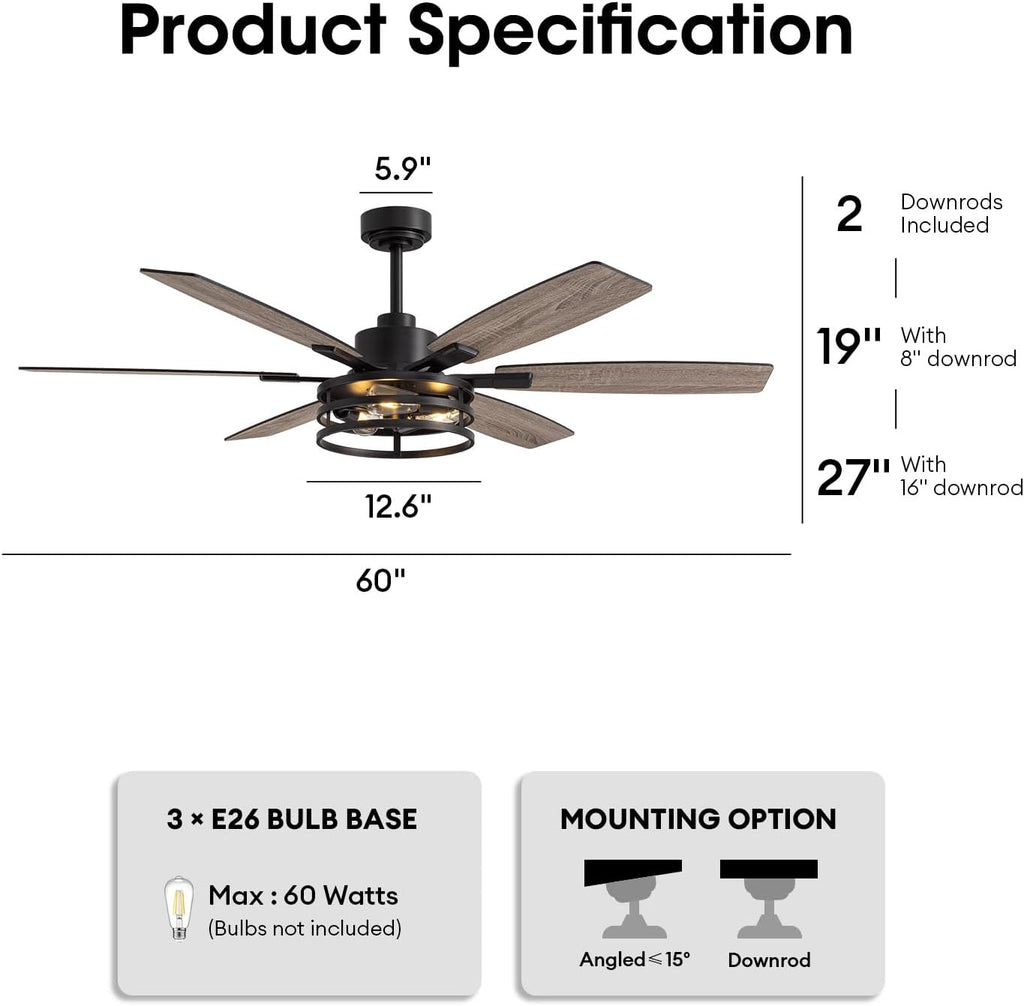 LuminFan 60 Inch Ceiling Fans with Lights and Remote Control, Farmhouse Ceiling Fan for Bedroom Living Room and Patio, Black Caged Ceiling Fan for Indoor and Outdoor