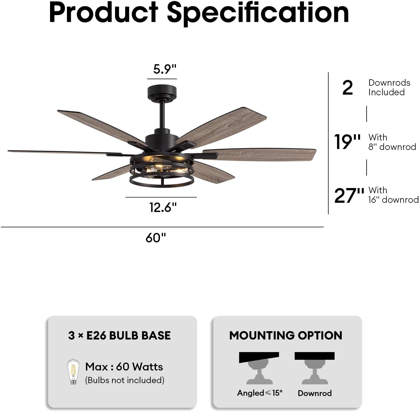 LuminFan 60 Inch Ceiling Fans with Lights and Remote Control, Farmhouse Ceiling Fan for Bedroom Living Room and Patio, Black Caged Ceiling Fan for Indoor and Outdoor