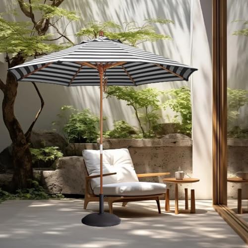 210/270Cm Outdoor Parasol Umbrella,Wood Garden Umbrella,Beach Umbrella Height-Adjustable,Patio Umbrella with 8 Ribs,Uv Protection,Market Table Umbrella with Ventilation,Black+White-9Ft/2.7M