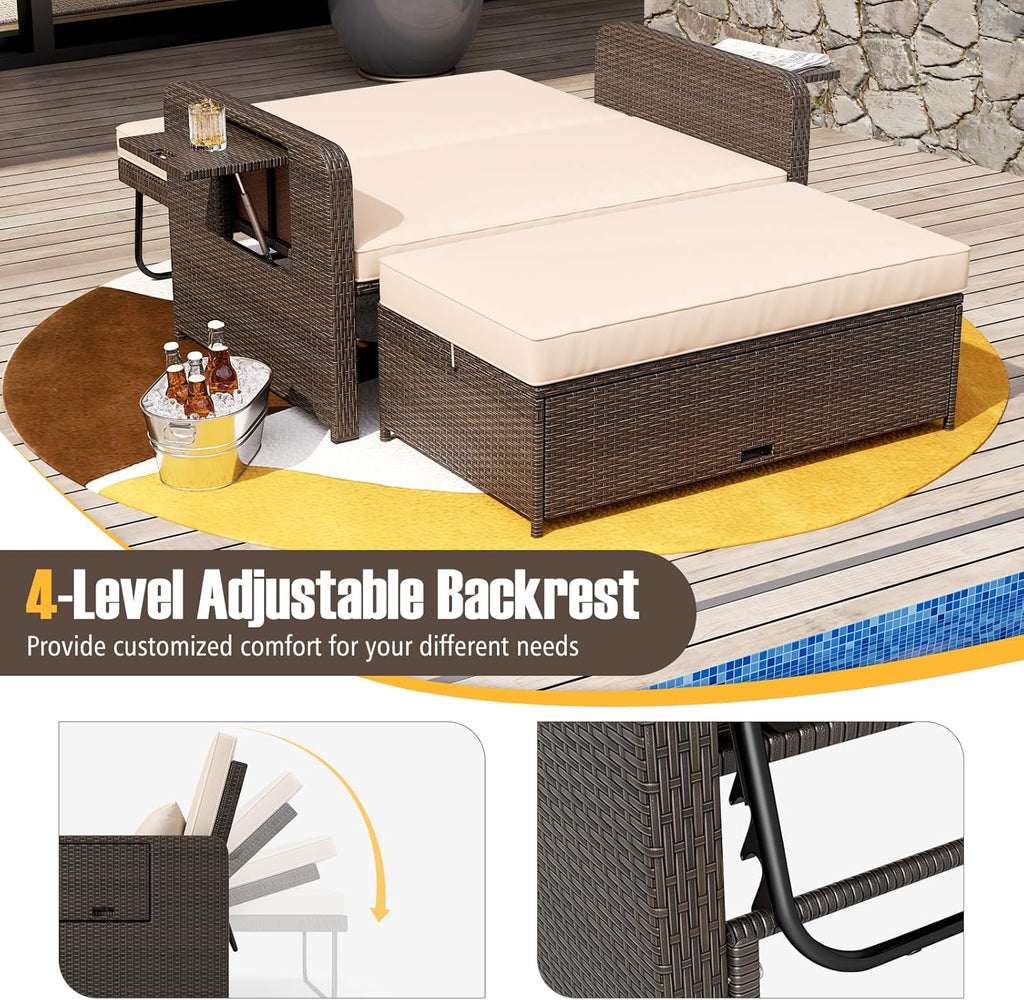 S AFSTAR Outdoor Daybed with Storage Ottoman, Wicker Chaise Lounge Chair with Cushions, Adjustable Backrest & 2 Retractable Trays, Patio Rattan Daybed Loveseat Sofa for Poolside Backyard