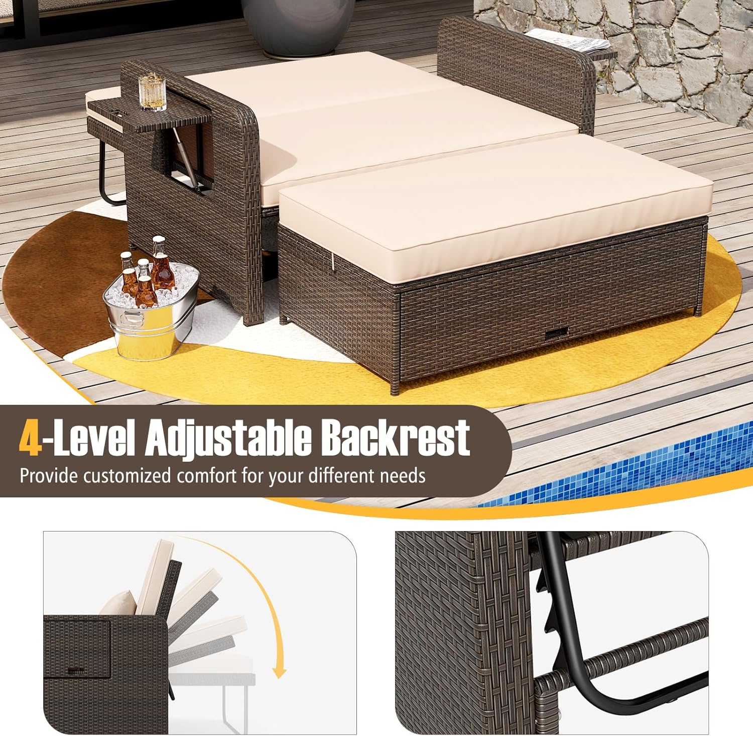 S AFSTAR Outdoor Daybed with Storage Ottoman, Wicker Chaise Lounge Chair with Cushions, Adjustable Backrest & 2 Retractable Trays, Patio Rattan Daybed Loveseat Sofa for Poolside Backyard
