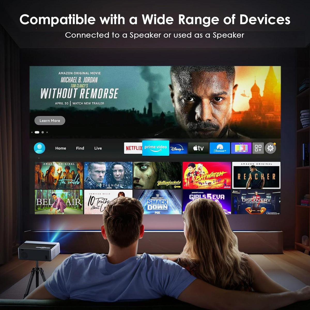 Electric Focus Projector with Wifi and Bluetooth, 22000L Auto Keystone Outdoor Projector 4K Support, JOWLURK Native 1080p Movie Projector for iOS/Android/TV Stick/HDMI/USB/Laptop/PS5