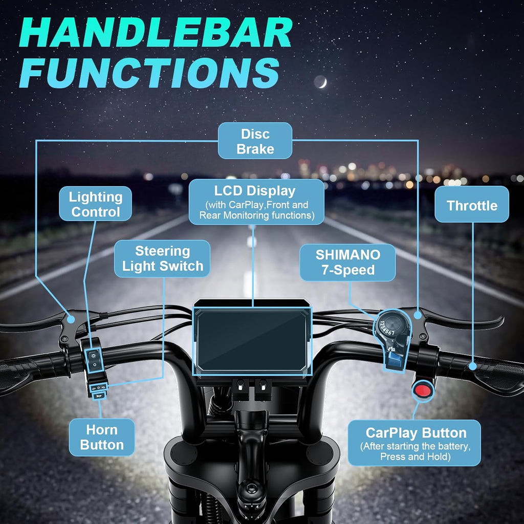 Electric Bike for Adults, 1500W Peak Motor Fat Tire Ebike 34 MPH 60 Miles Range with Apple CarPlay & Android Auto, 20" x 4.0" Full Suspension 7-Speed Electric Dirt Bike