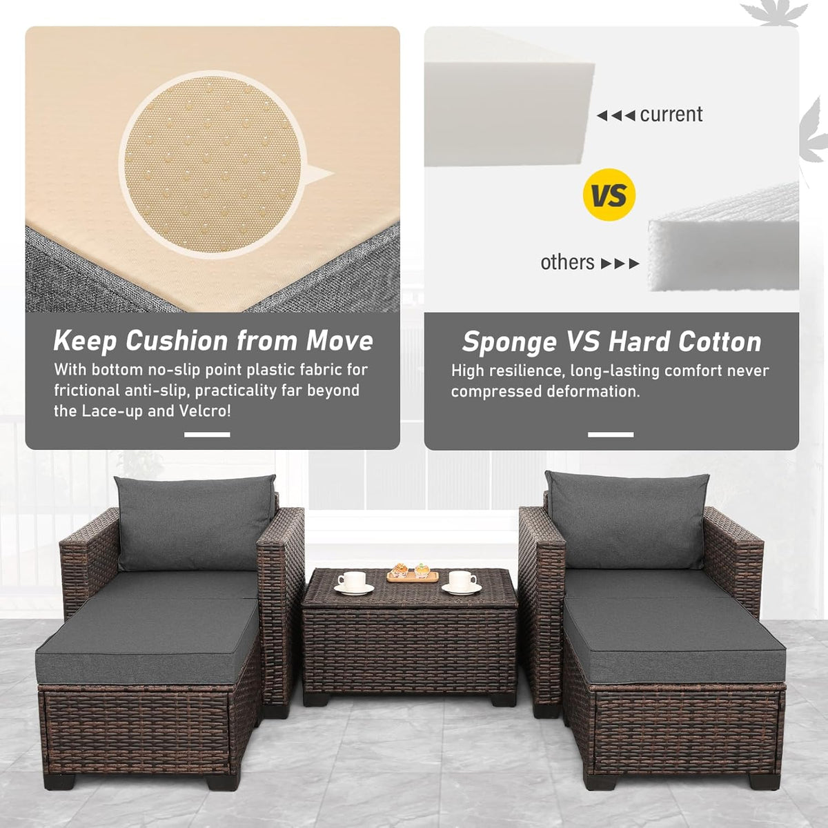 Valita 5 Pieces HDPE Wicker Outdoor Furniture Set Patio Chaise Lounge 2 of Set with Storage Table and Non-Slip Cushions Waterproof Covers, Dark Grey