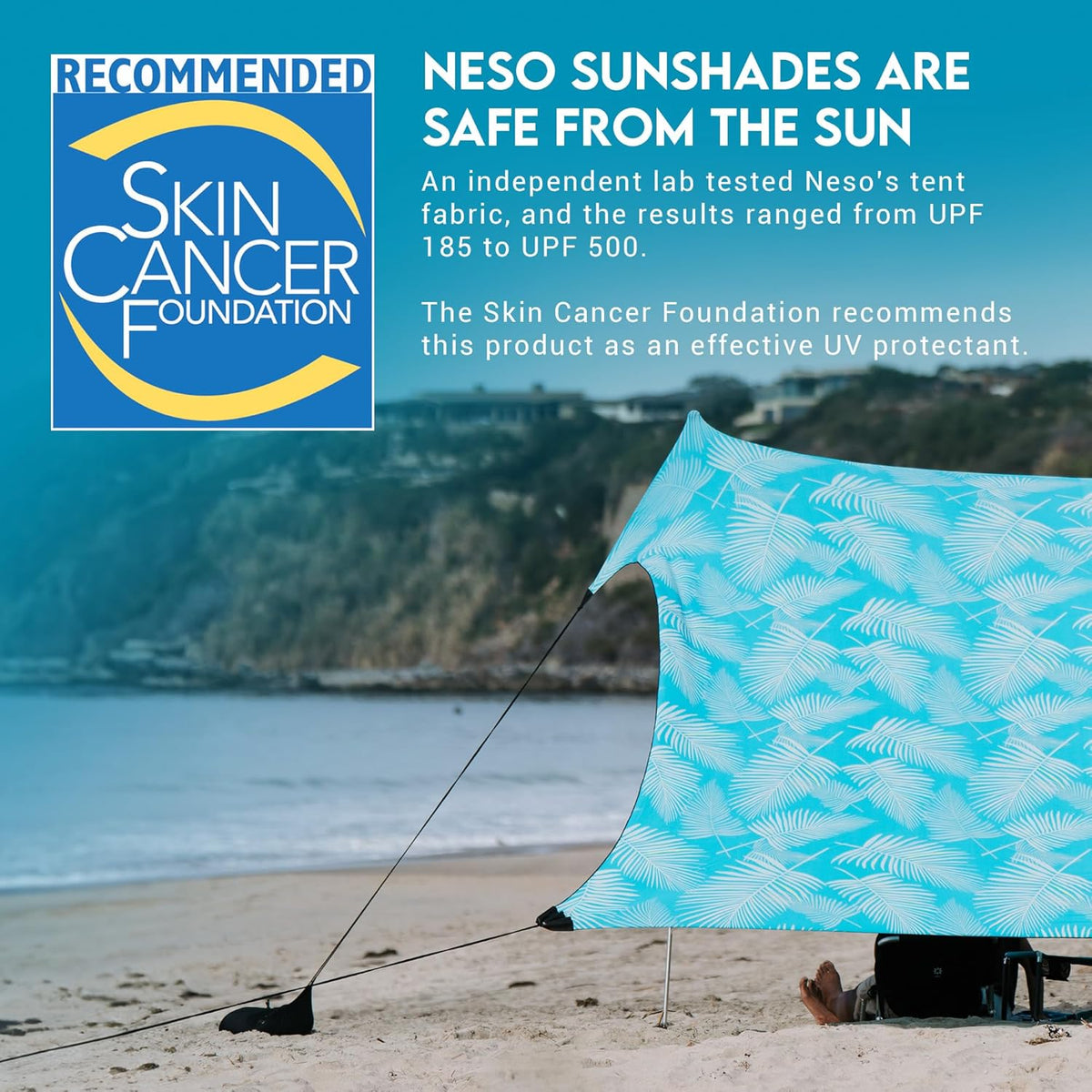 Neso Gigante Portable Beach Tent Sun Shelter - Lightweight Beach Shade Canopy - Easy Setup for Family Outings - Patented Reinforced Corners - UPF 50+ - 8ft Tall, 11 x 11ft - Aqua Fronds