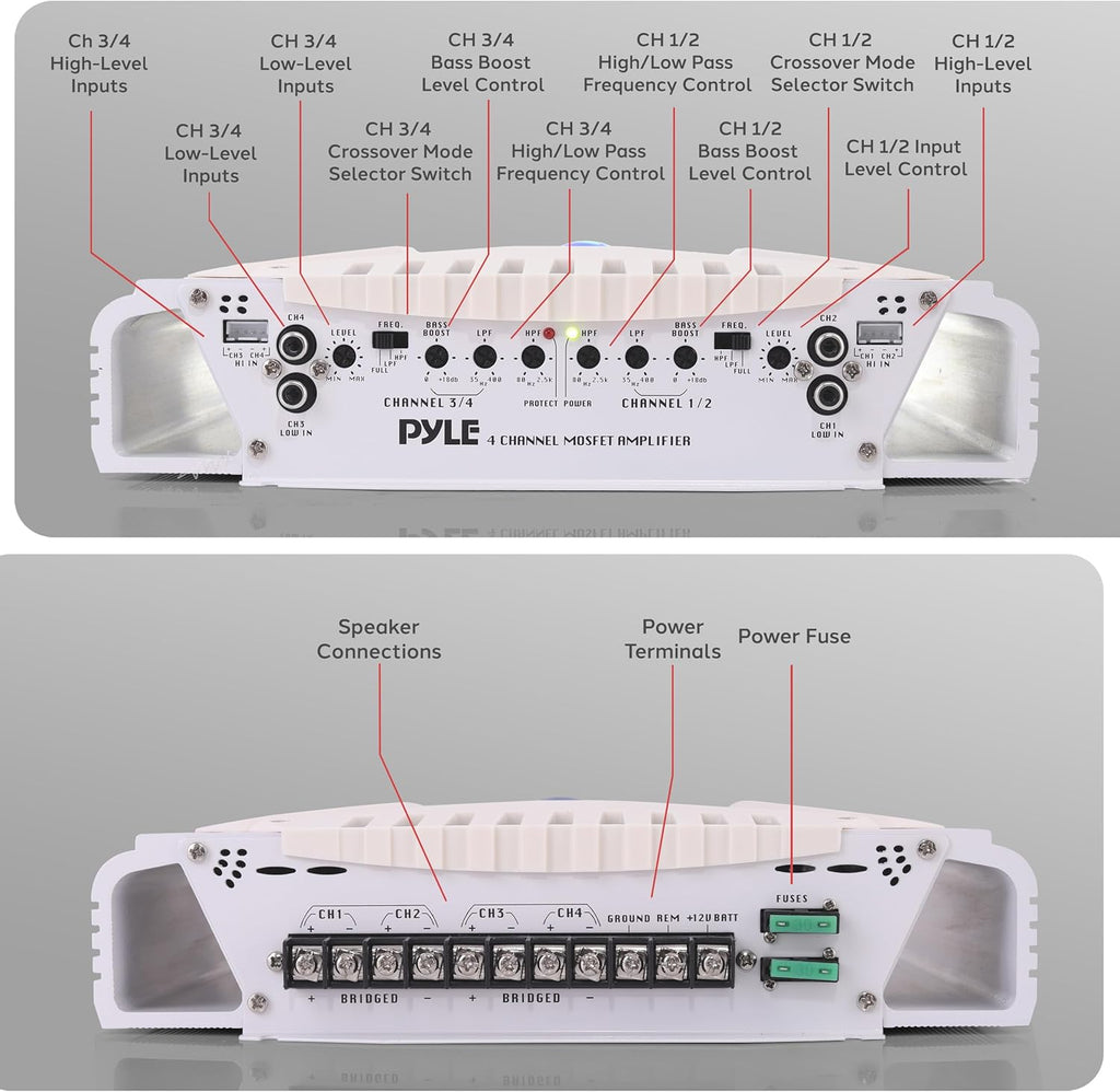 Pyle Hydra Marine Amplifier - Upgraded Elite Series 1000 Watt 4 Channel Bridgeable Amp Tri-Mode Configurable, Waterproof, MOSFET Power Supply, GAIN Level Controls and RCA Stereo Input - PLMRA420