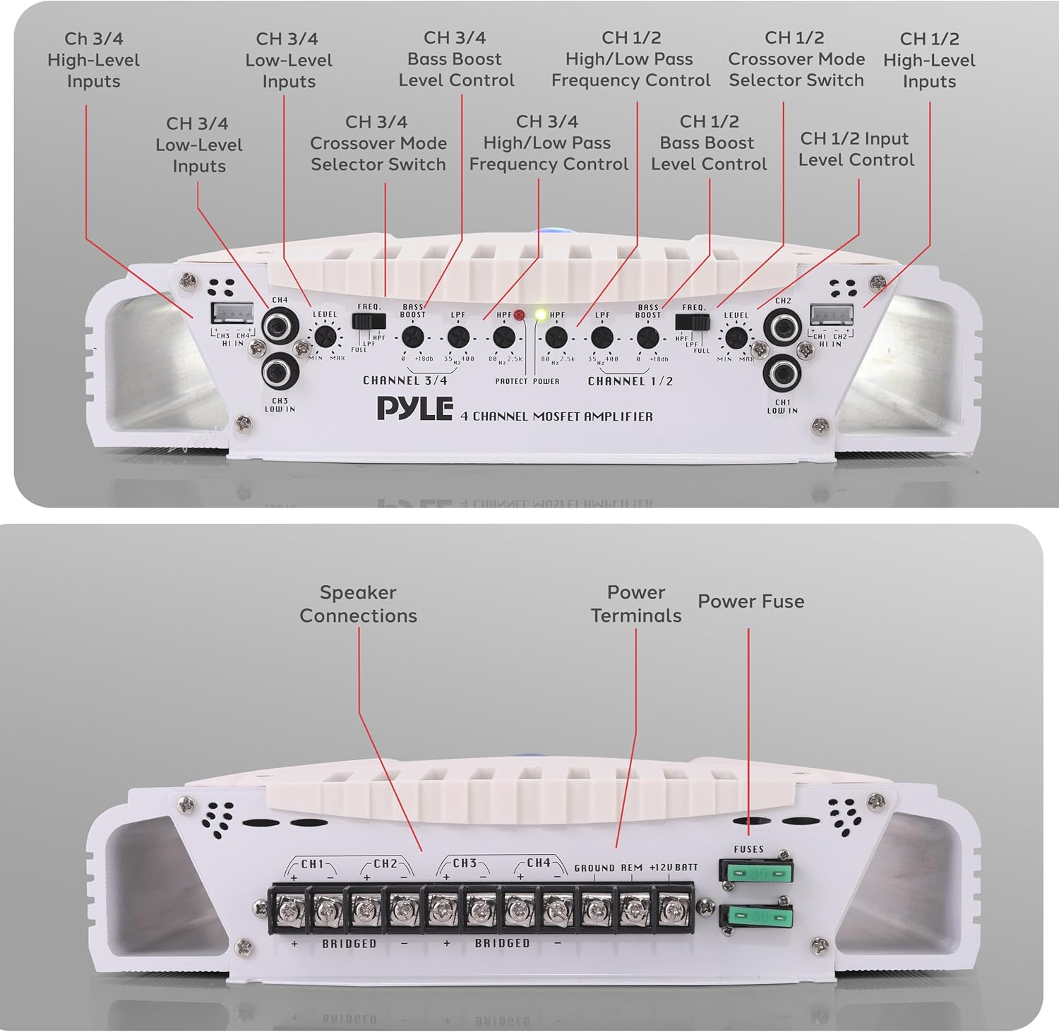 Pyle Hydra Marine Amplifier - Upgraded Elite Series 1000 Watt 4 Channel Bridgeable Amp Tri-Mode Configurable, Waterproof, MOSFET Power Supply, GAIN Level Controls and RCA Stereo Input - PLMRA420