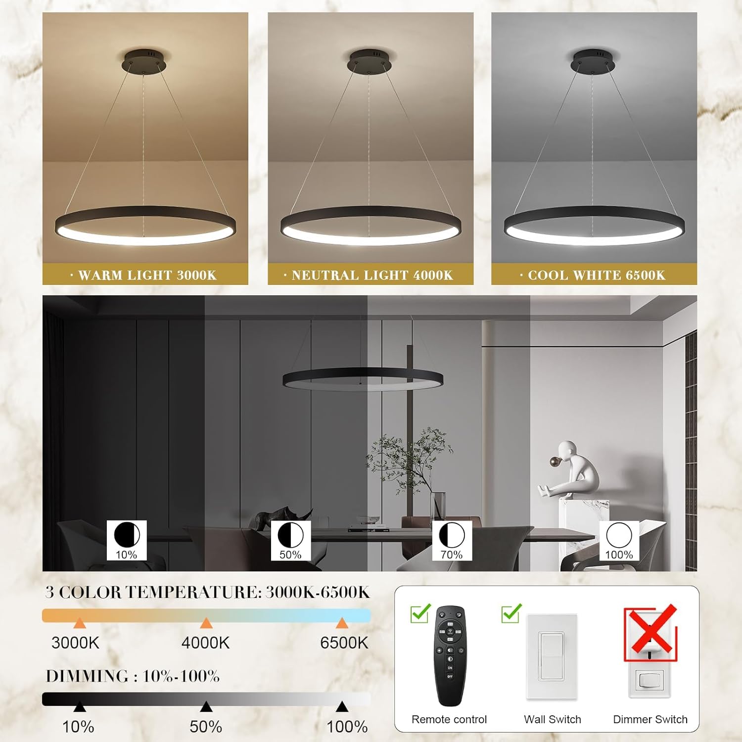 Modern LED Pendant Light Black Ring Chandelier 24" Dimmable Flush Mount Pendant Chandelier for Dinning Room Office Kitchen Living Room,3000-6500K