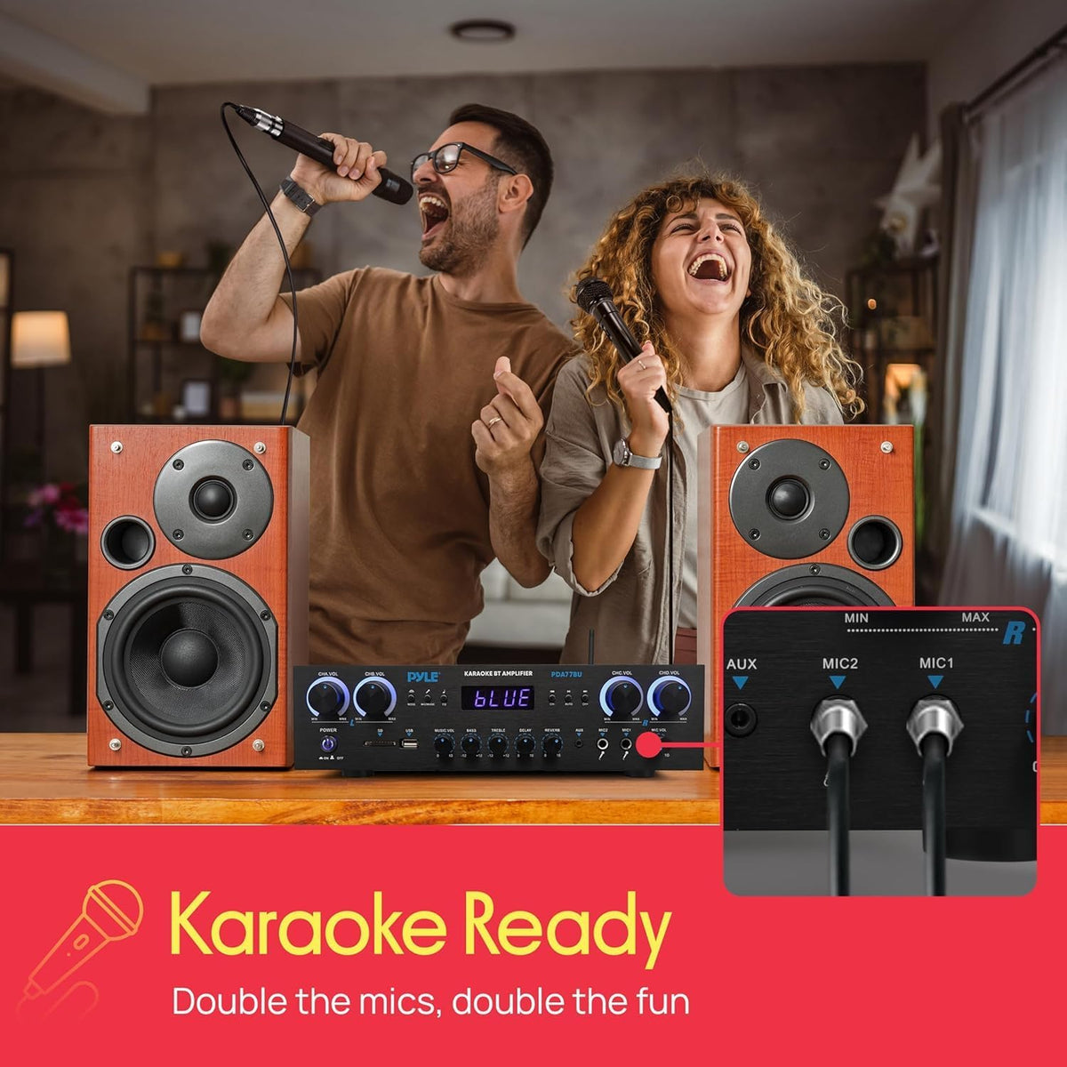 Pyle Home Stereo Receiver with Bluetooth - 4 Channel Amplifier, 800 Watt Max, USB-A Input w MP3 Player, Easy Karaoke Setup with Mic Vol, Reverb and Delay, RCA in/Out, SD Card, FM Radio - PDA77BU