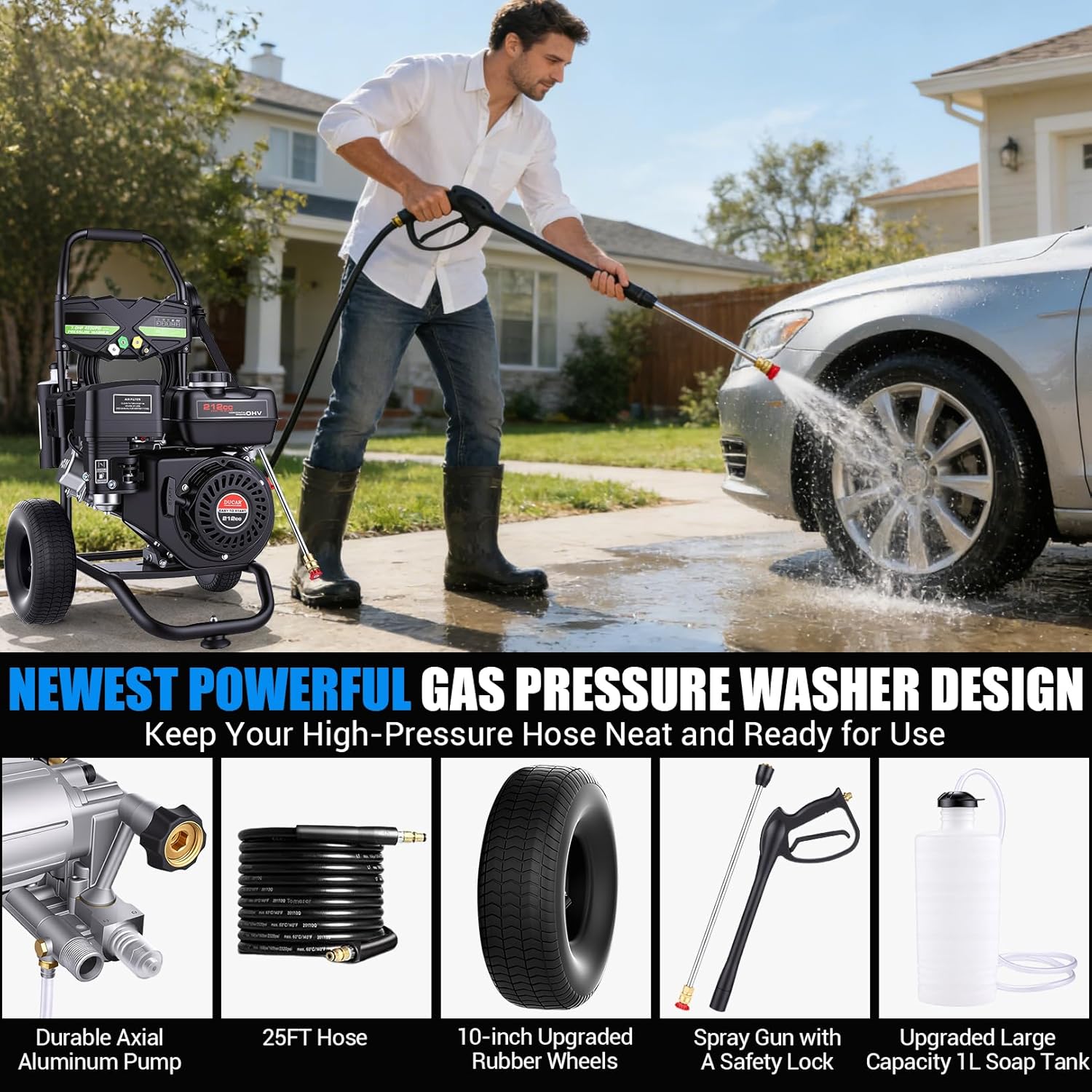 4200PSI Pressure Washer 4.0GPM Gas Power Washer 212CC Gas Powered Washing Machine Commercial High Pressure Washer with 25ft Hose&5 Nozzles for Patio Garden Yard (Dark Black with 25ft Hose)