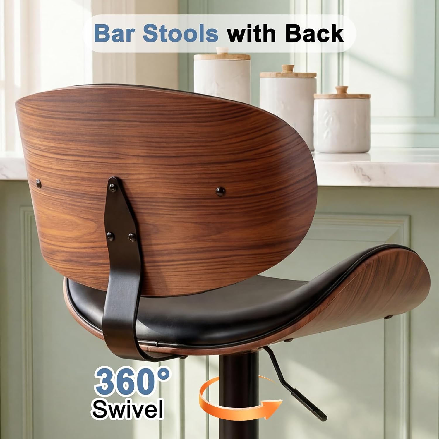 DUMOS Swivel Bar Stools Set of 2, Adjustable Counter Height Bentwood BarStools, PU Leather Upholstery Bar Chair with Ergonomic Back and Footrest, Counter Stools for Bar, Home Kitchen Island, Black