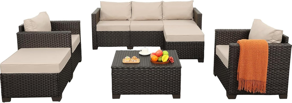 Rattan Star 6 Pieces Patio Outdoor Furniture Outdoor Conversation Sets Wicker Sofa Set with Outdoor Couch Patio Chairs Storage Coffee Table Khaki Cushions Waterproof Covers