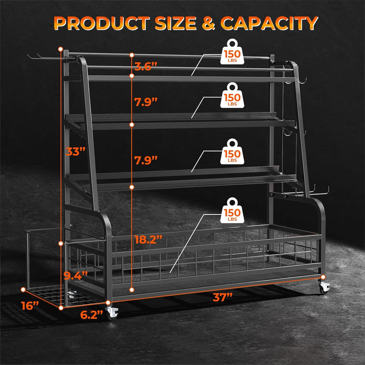 Dumbbell Rack Weight Stand - 4-Tier Adjustable Weight Rack for Dumbbells, Home Gym Storage Rack for Yoga Mat Foam Roller Kettlebells, Workout Equipment Storage Organizer With Wheels and Hooks