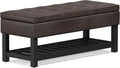 SIMPLIHOME Cosmopolitan Storage Ottoman Bench - 44 inch Wide Upholstered Vegan Leather Rectangle Storage Ottoman in Distressed Brown, Transitional Bench for Bedroom with Tufted Lift-Top and Open Shelf