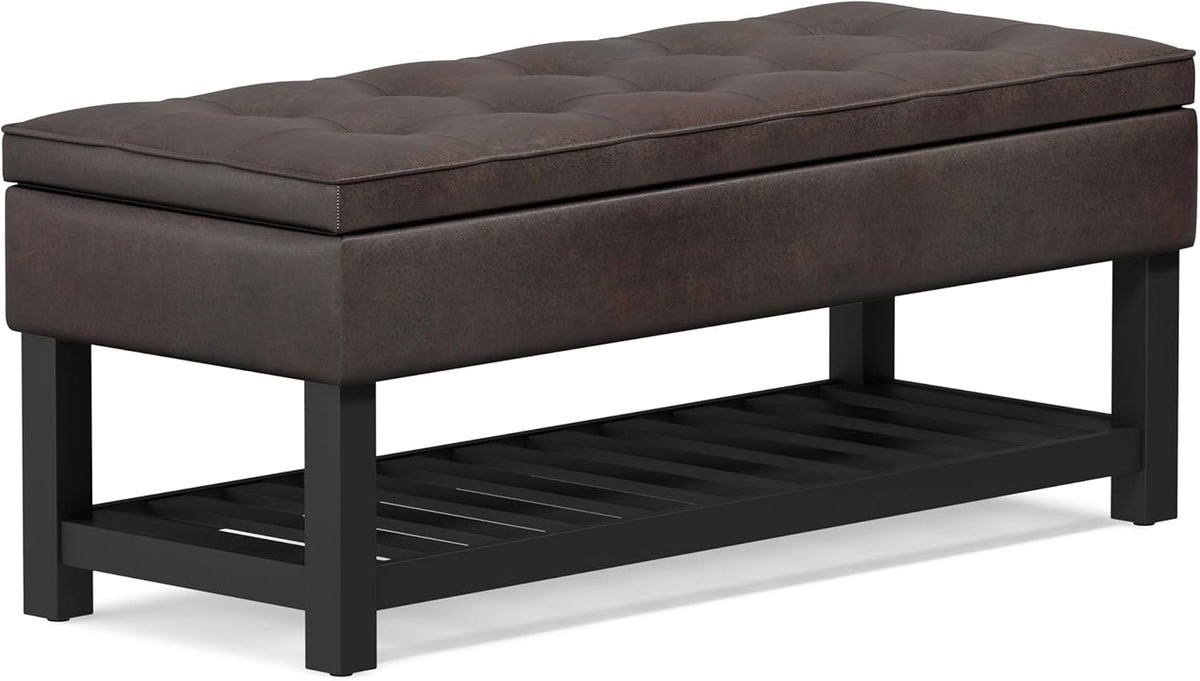 SIMPLIHOME Cosmopolitan Storage Ottoman Bench - 44 inch Wide Upholstered Vegan Leather Rectangle Storage Ottoman in Distressed Brown, Transitional Bench for Bedroom with Tufted Lift-Top and Open Shelf