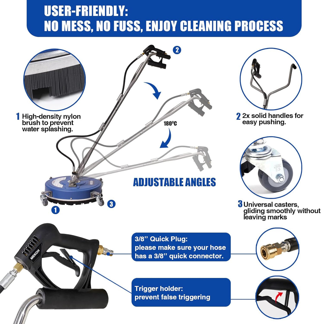 MEKOH Pressure Washer Surface Cleaner 20'', 4500PSI Power Washer Surface Cleaner Attachment with Wheels, Pressure Washer Accessory for Driveway Sidewalk Curb Deck Patio Cleaning, 3/8'' Quick-Connect