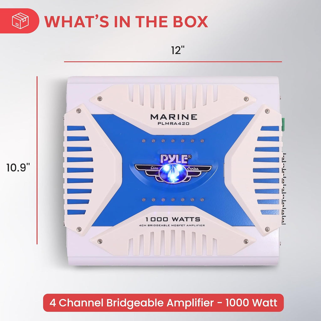 Pyle Hydra Marine Amplifier - Upgraded Elite Series 1000 Watt 4 Channel Bridgeable Amp Tri-Mode Configurable, Waterproof, MOSFET Power Supply, GAIN Level Controls and RCA Stereo Input - PLMRA420