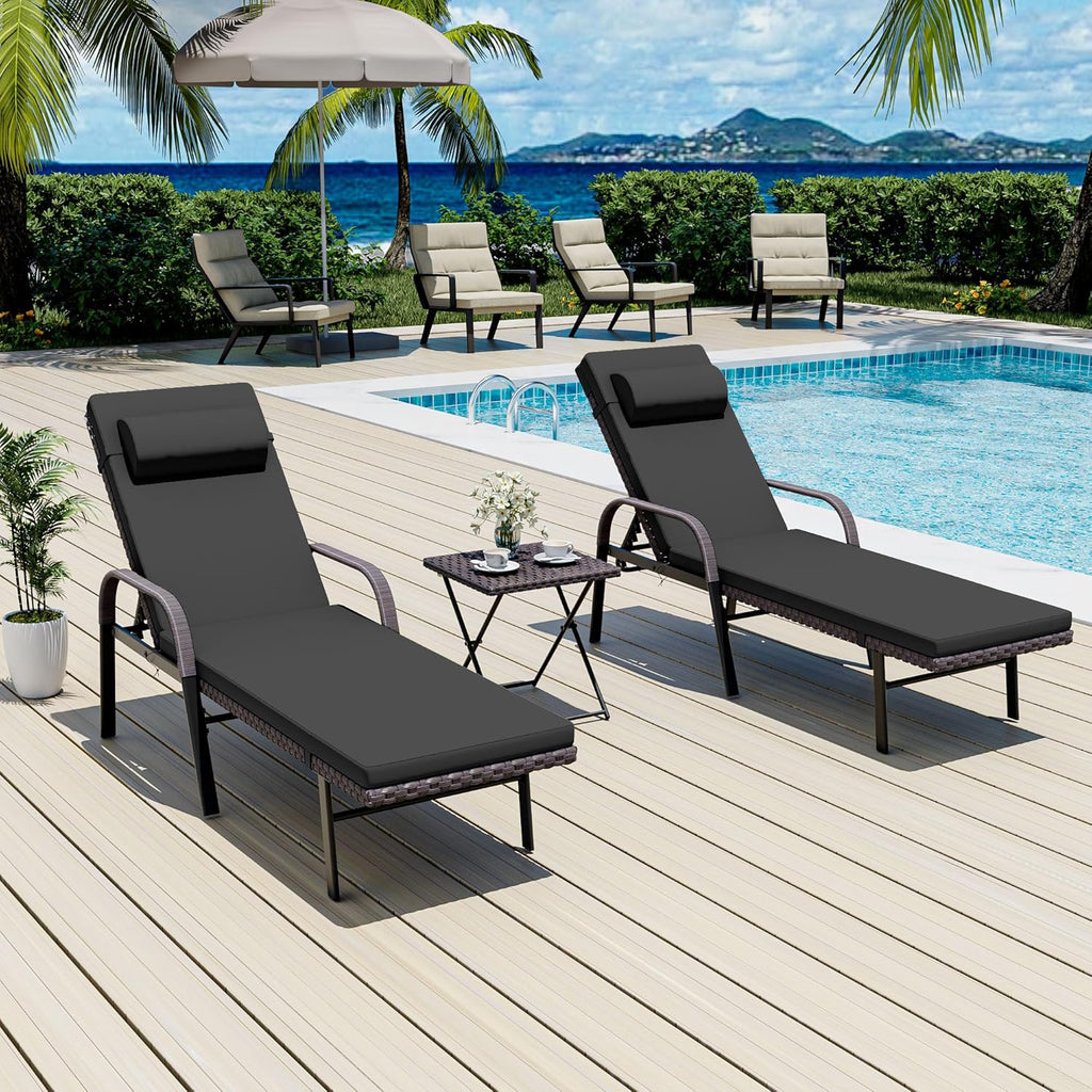 Patio Chaise Lounge Set 3 Pieces Outdoor Lounge Chair with Rattan Adjustable Backrest Armrest and Folding Table for Beach Patio,Sand, for Poolside Backyard Porch