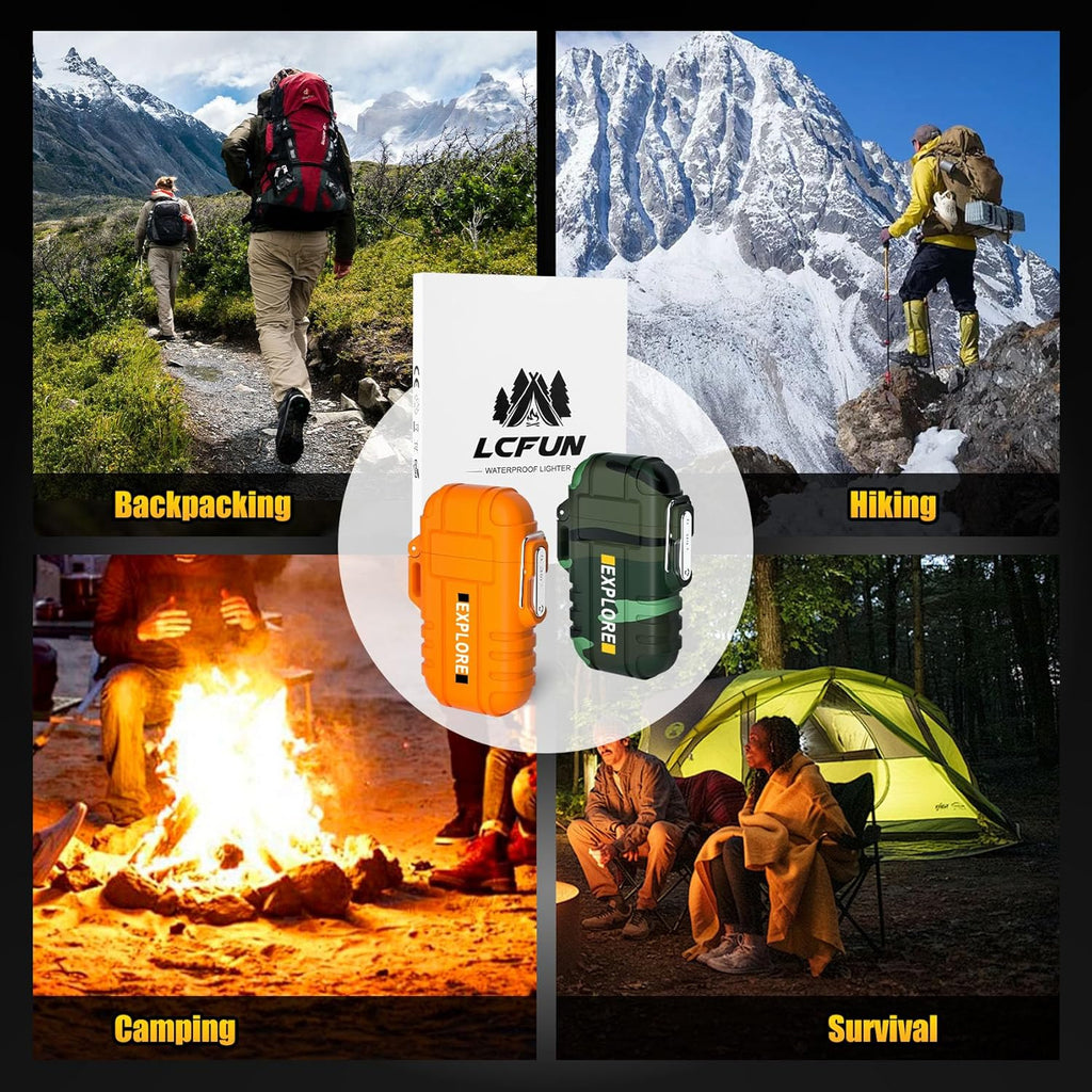 LcFun 2 Pack Waterproof Outdoor Lighter Windproof Torch Lighters Butane Refillable USB Rechargeable Electric Dual Arc Plasma Lighter Hiking Camping Essentials Hunting Survival Tactical Gear Gadgets