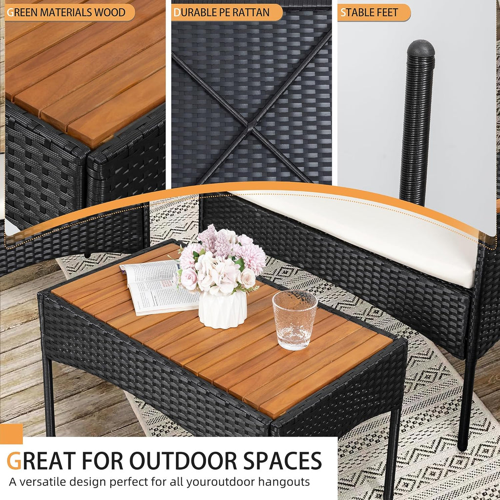 Shintenchi 4-Piece Patio Furniture Set, Outdoor Wicker Patio Conversation Furniture Set with Cushions and Wooden Tabletop for Paito Lawn Backyard Pool Garden, Black Rattan