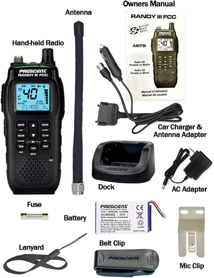 President Randy III FCC AM/FM Handheld CB Radio w/P Channels, NRC, Desktop Dock & Mobile Charge Module, 7Color Display, ASC, VOX, CTCSS/DCS, Weather Channel, Scan Skip, Flashlight, Key Lock (TXUS722)