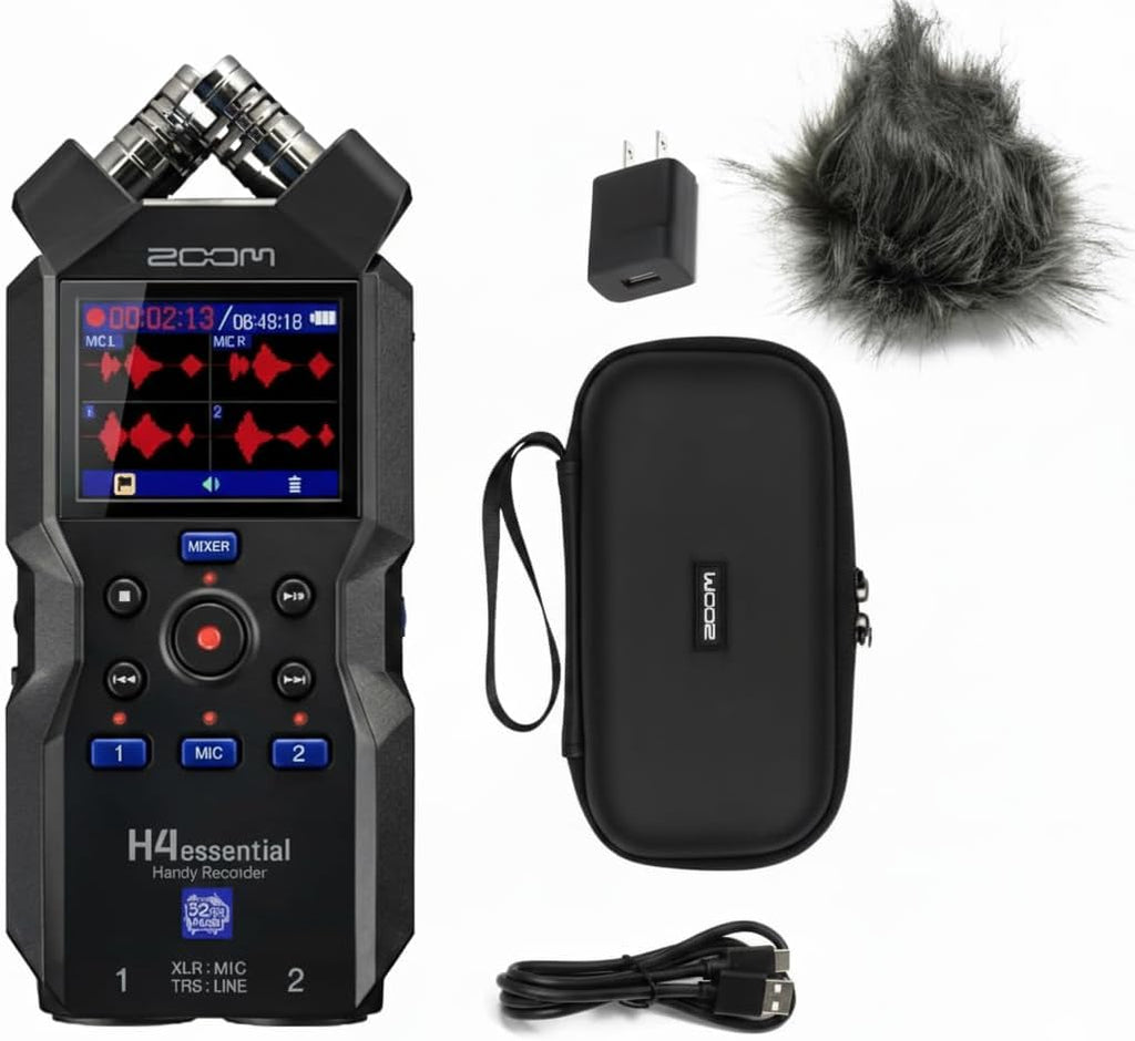 Zoom H4essential 4-Track 32-Bit Float Portable Audio Recorder Bundle with Zoom APH-4e Accessory Pack with Hairy Windscreen, Padded Shell Case, AC Adapter, & USB C-Cable