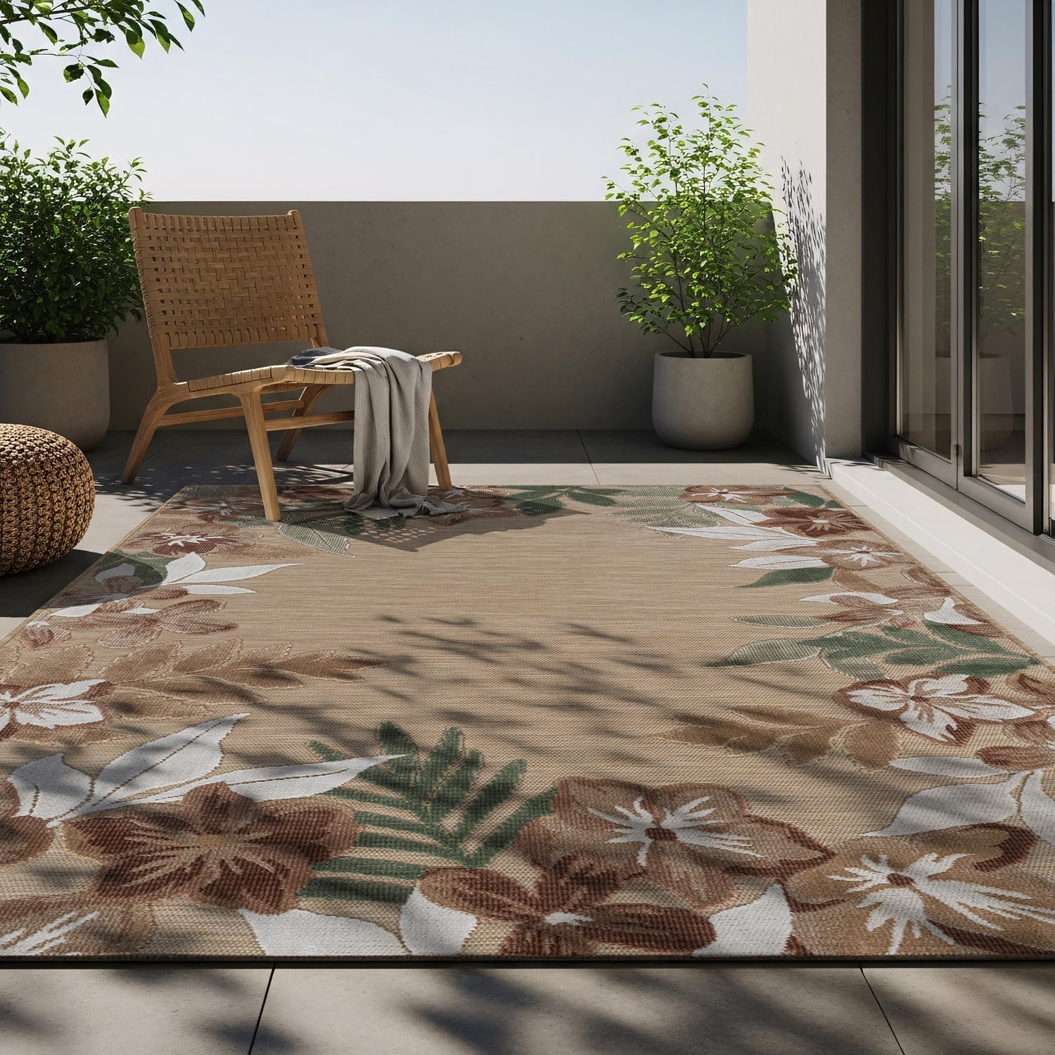 Outdoor Rug 9x12 Washable Area Rugs Indoor Outdoor Carpets Beige Border Floral Non Shedding Waterproof Easy Clean Patio Deck Porch Living Room Bedroom Garden RV (9 X 12 Beige)