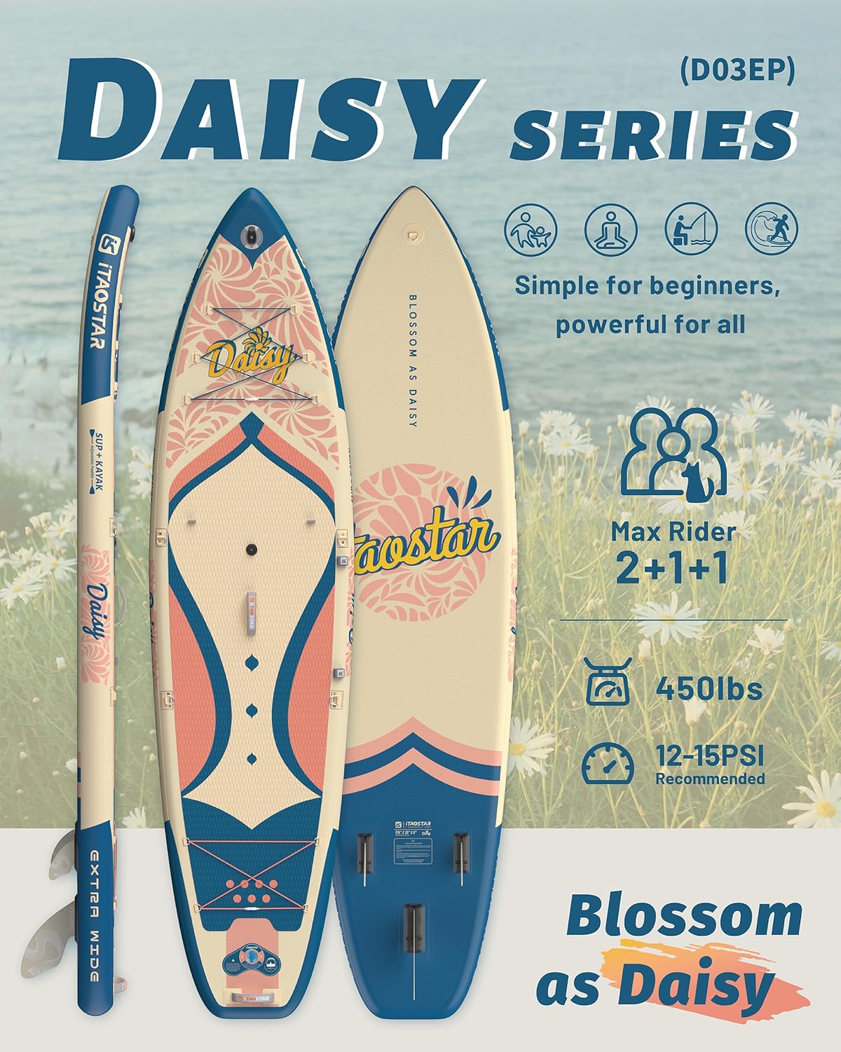 iTAOSTAR Daisy 11'6' × 35” Extra Wide Paddle Board with Seat, One-Stop Premium SUP Board Accessories, Tailored 5 Fins, Stable Stand Up Paddle Boards for Youth of All Skill Levels